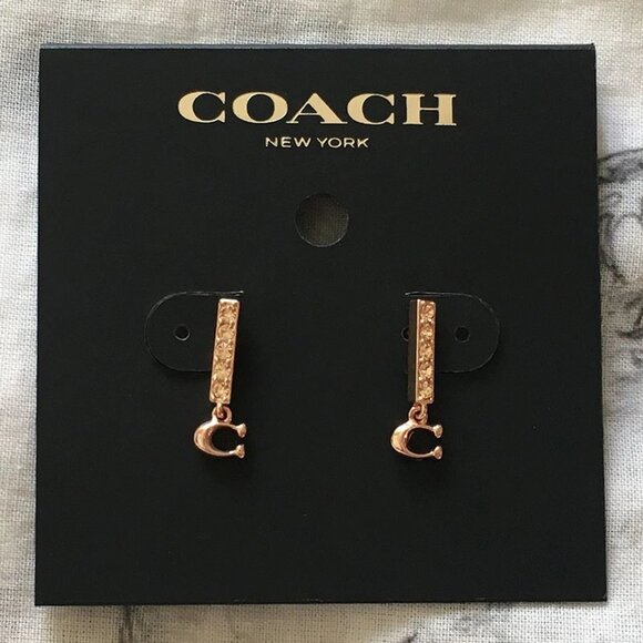 Coach Rose Gold Signature "C" Logo Pave Bar Stud Earrings NWT $68 - Picture 1 of 3